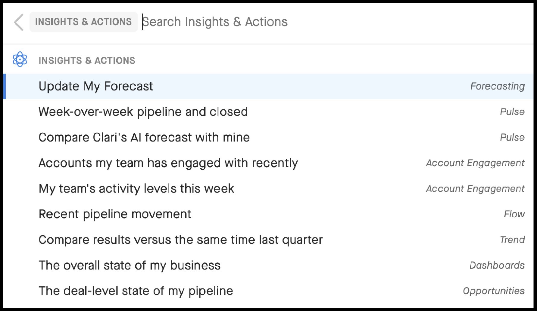 Screenshot of insights and actions in Clari guided search
