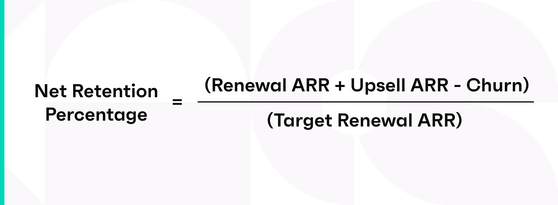 Net retention percentage = (Renewal ARR + Upsell ARR - Churn) / (Target Renewal ARR)