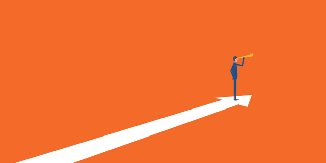 Graphic illustration of a revenue leader standing on a white arrow looking into the distance through a spyglass against an orange background