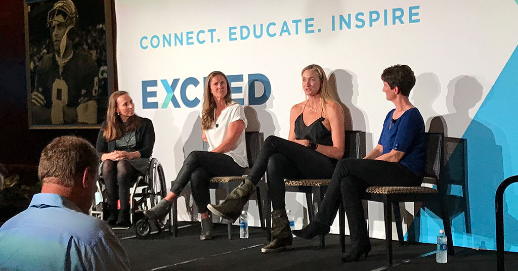 Photograph of Candace Cable, Brandi Chastain, and Kerry Walsh Jennings with Amy Johnson, VP of Customer Experience at Clari, at EXCEED's Welcome Reception