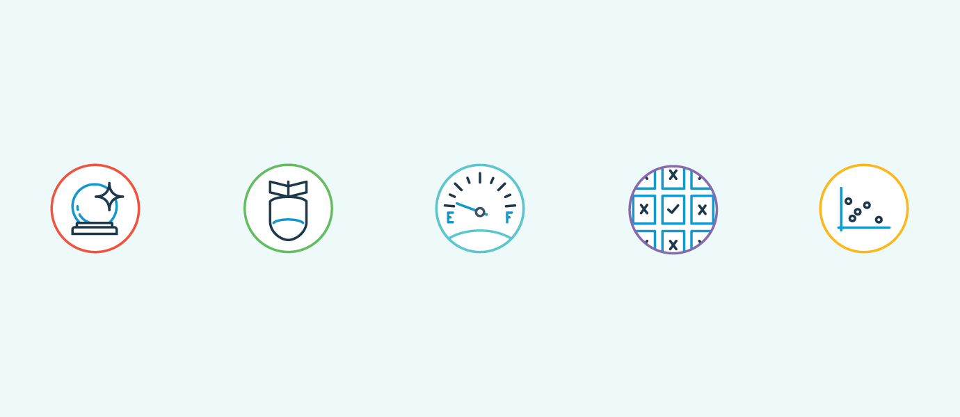 Graphic illustration of five icons depicting a crystal ball, an acorn, a fuel gauge, a checkbox, and a scatter plot
