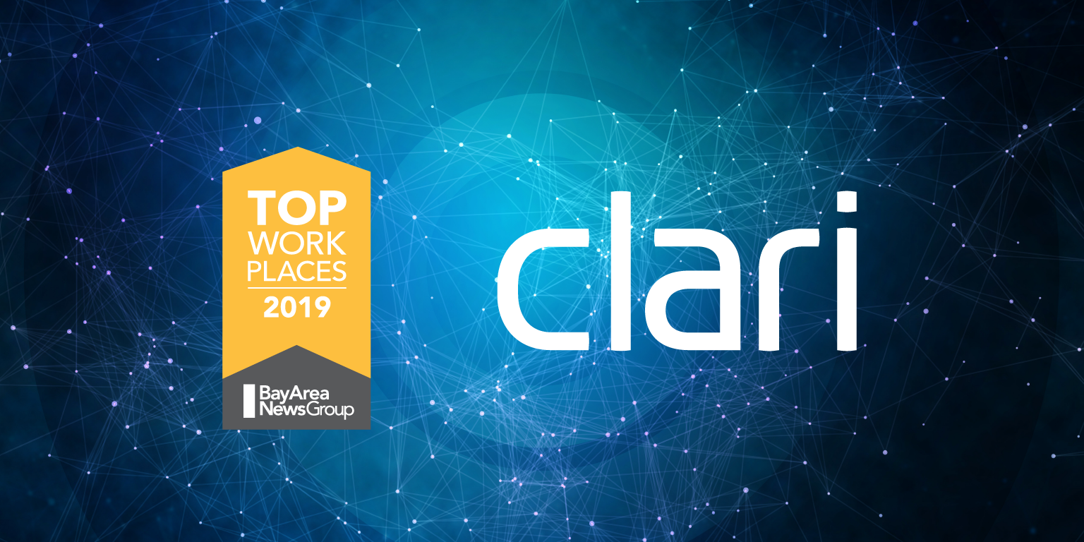 Banner image with Clari logo and Bay Area News Group Top Work Places 2019 badge