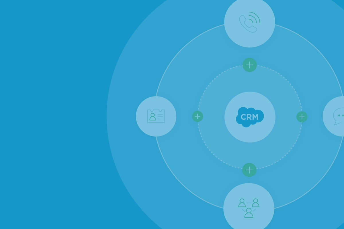 Stylized illustration of a CRM surrounded by circles representing buyer information, phone calls, chats, and meetings