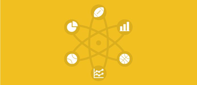 Graphic illustration of an atom with icons representing sales and sports