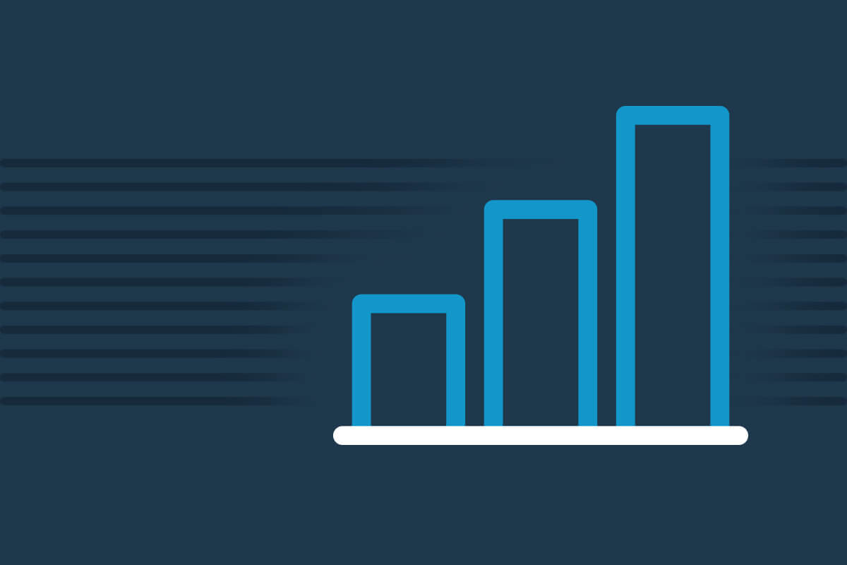 Graphic illustration of a bar chart with three bars of increasing height on a dark blue background