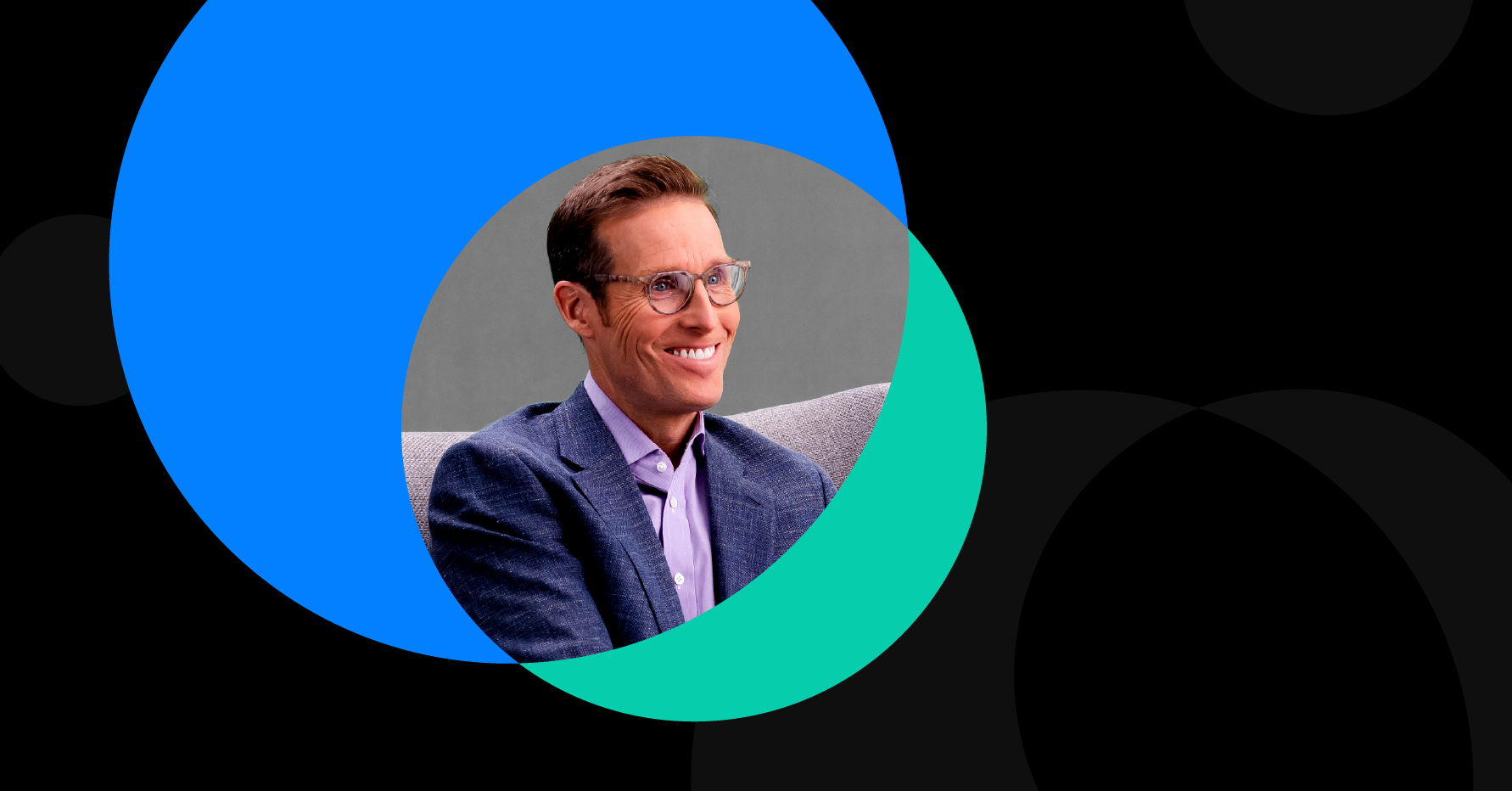 Portrait of Andy Byrne overlapping a blue circle and a green circle