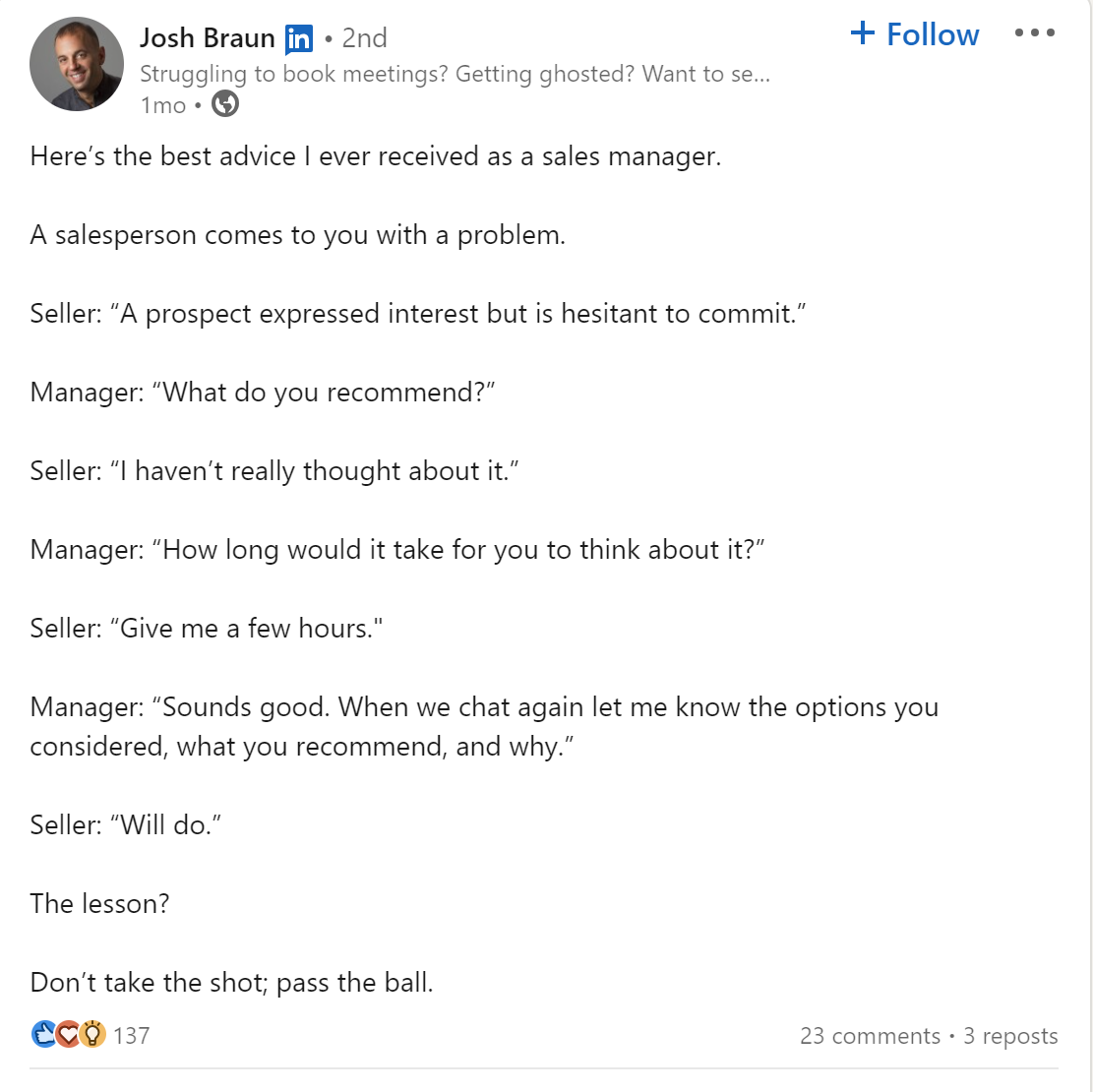 LinkedIn post about active listening in sales management by Josh Braun