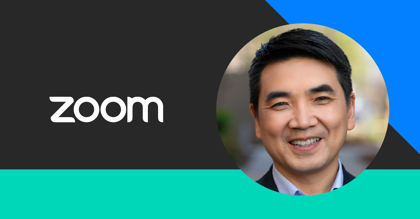 Banner image with Zoom logo and headshot photograph of Eric Yuan, CEO of Zoom