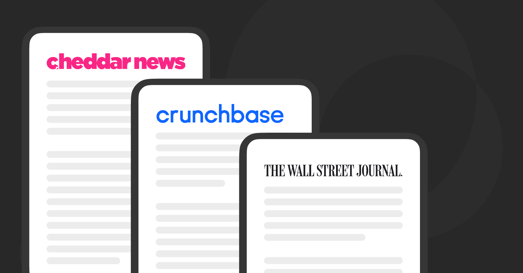 Stylized image of Cheddar News, Crunchbase, and Wall Street Journal articles on three tablet screens