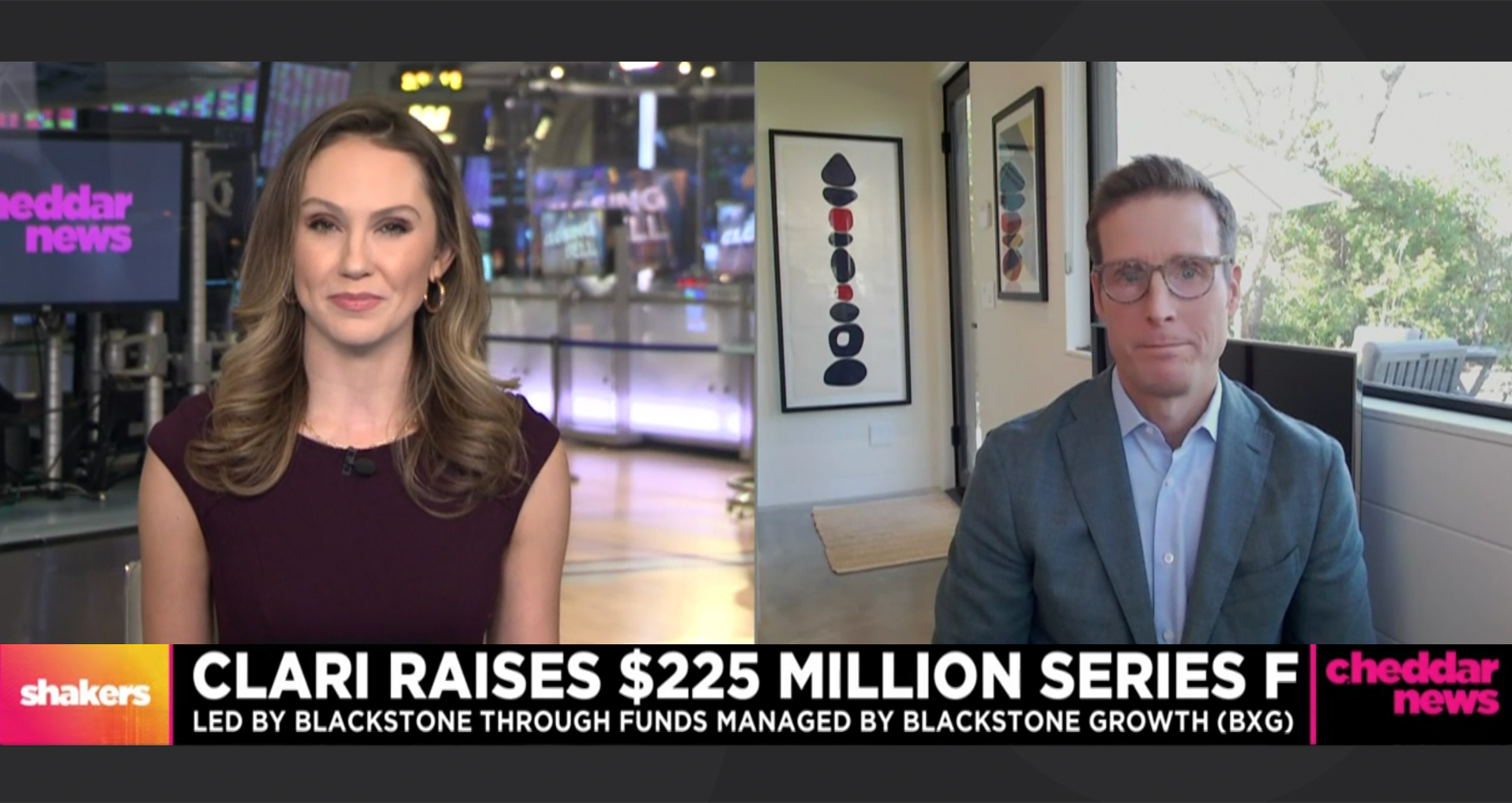 Screenshot from Cheddar News showing the headline Clari Raises $225 Million Series F