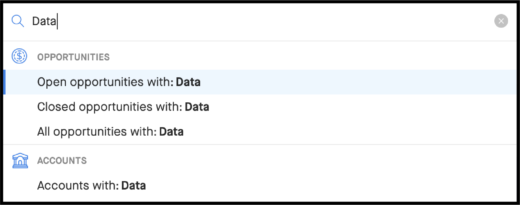 Screenshot of opportunities and accounts in Clari guided search