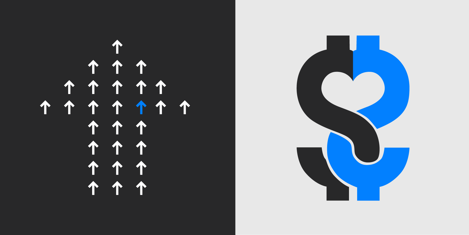 Stylistic illustration of a large arrow made out of smaller arrows next to an illustration of two intertwined dollar signs