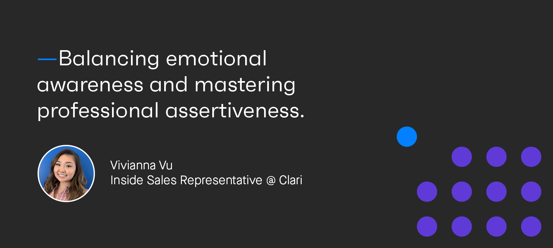 Banner image with headshot photograph of Vivianna Vu, Inside Sales Representative at Clari