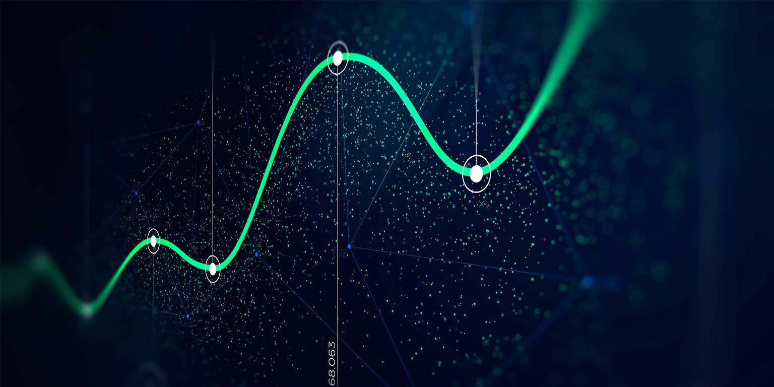 Stylized illustration of bright green line graph trending upwards on a dark background
