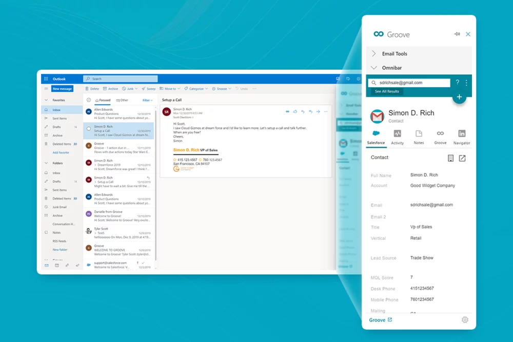Screenshot of a Groove and Salesforce activity log in Outlook