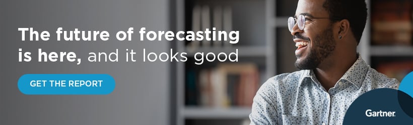Gartner Clari Banner image that says The future of forecasting is here, and it looks good with a photograph of a smiling revenue leader