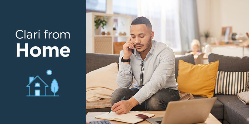 Clari from Home banner featuring a photograph of a revenue leader talking on a phone and taking notes on a couch