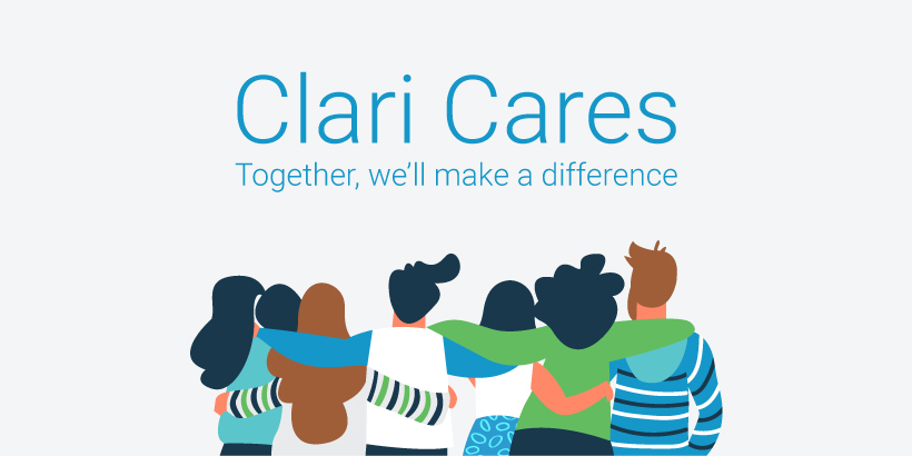 Banner promoting Clari Cares with a graphic illustration of coworkers with their arms around each other's shoulders