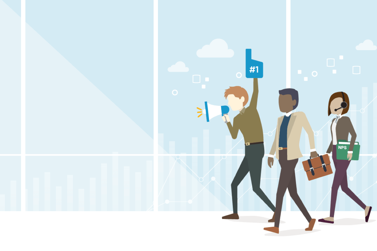 Stylistic illustration of three revenue leaders marching and cheering through a megaphone
