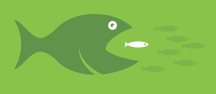 Graphic illustration of a big fish swallowing a small fish