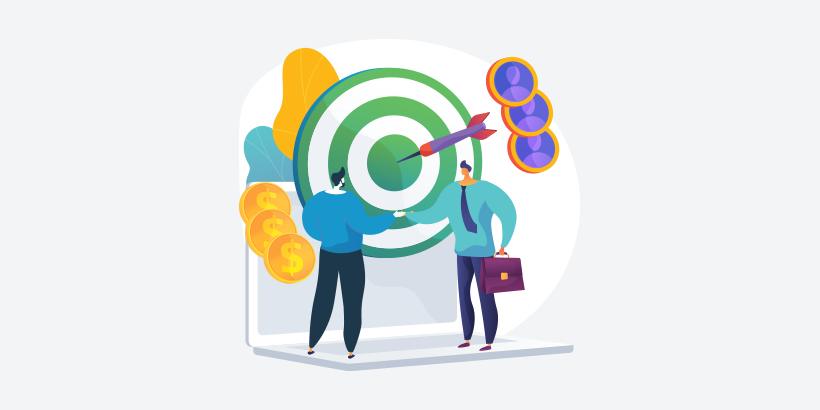 Stylized illustration of two sales leaders talking about forecasting in front of a large dartboard