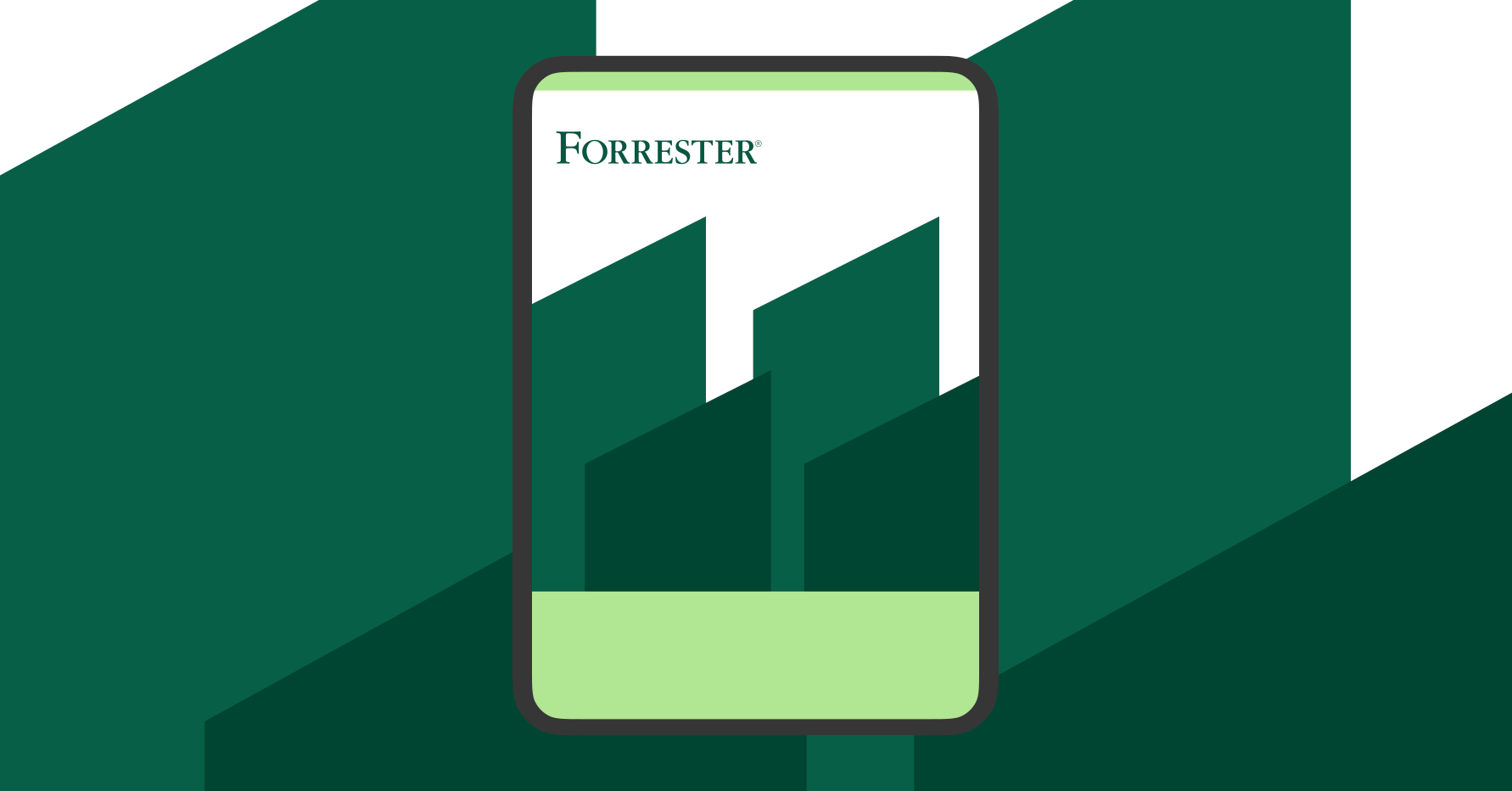 Illustration of a Forrester report on a tablet on a dark green background