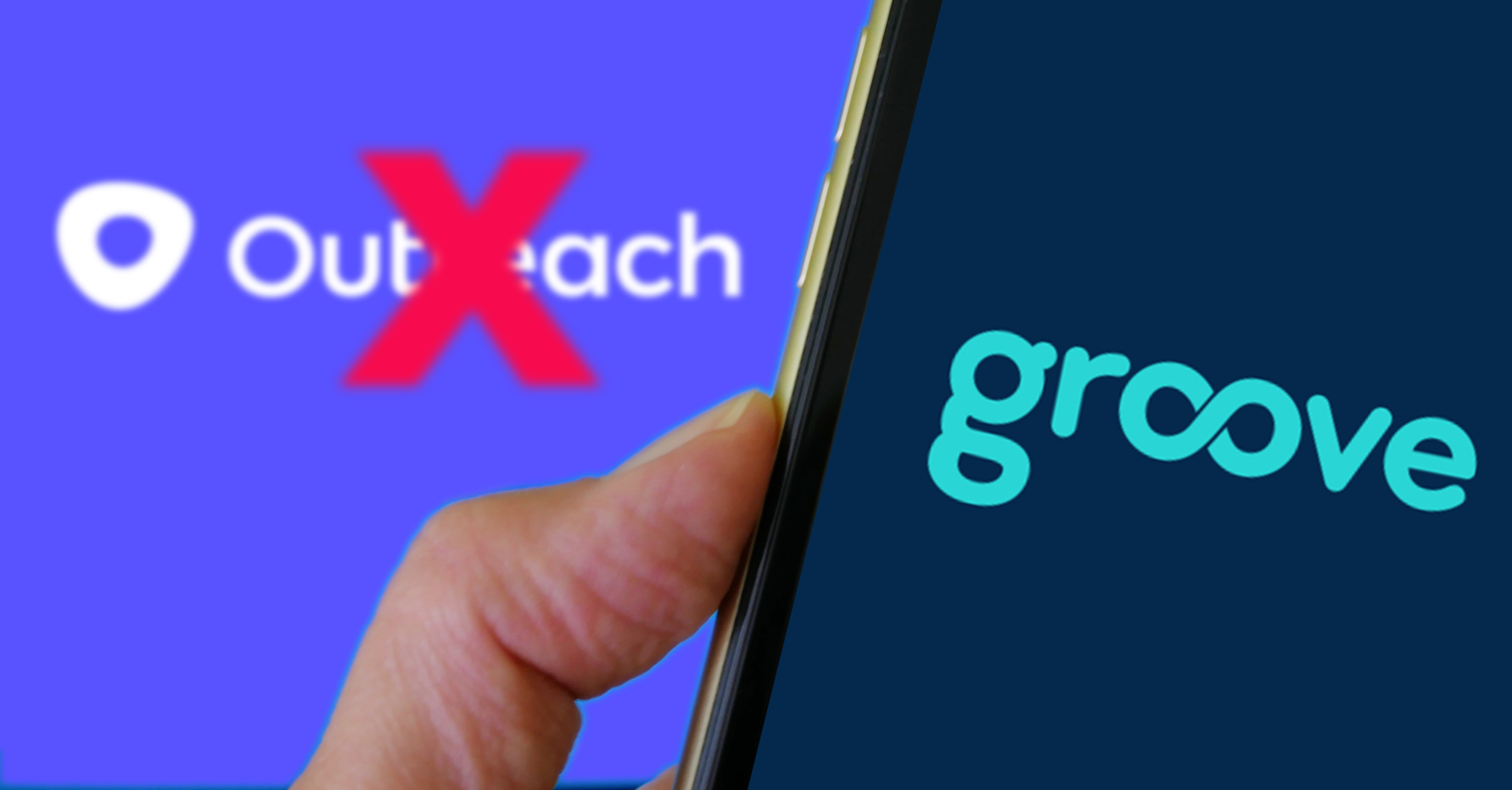 Photograph of the Groove logo on a phone in front of the Outreach logo with a red X on it