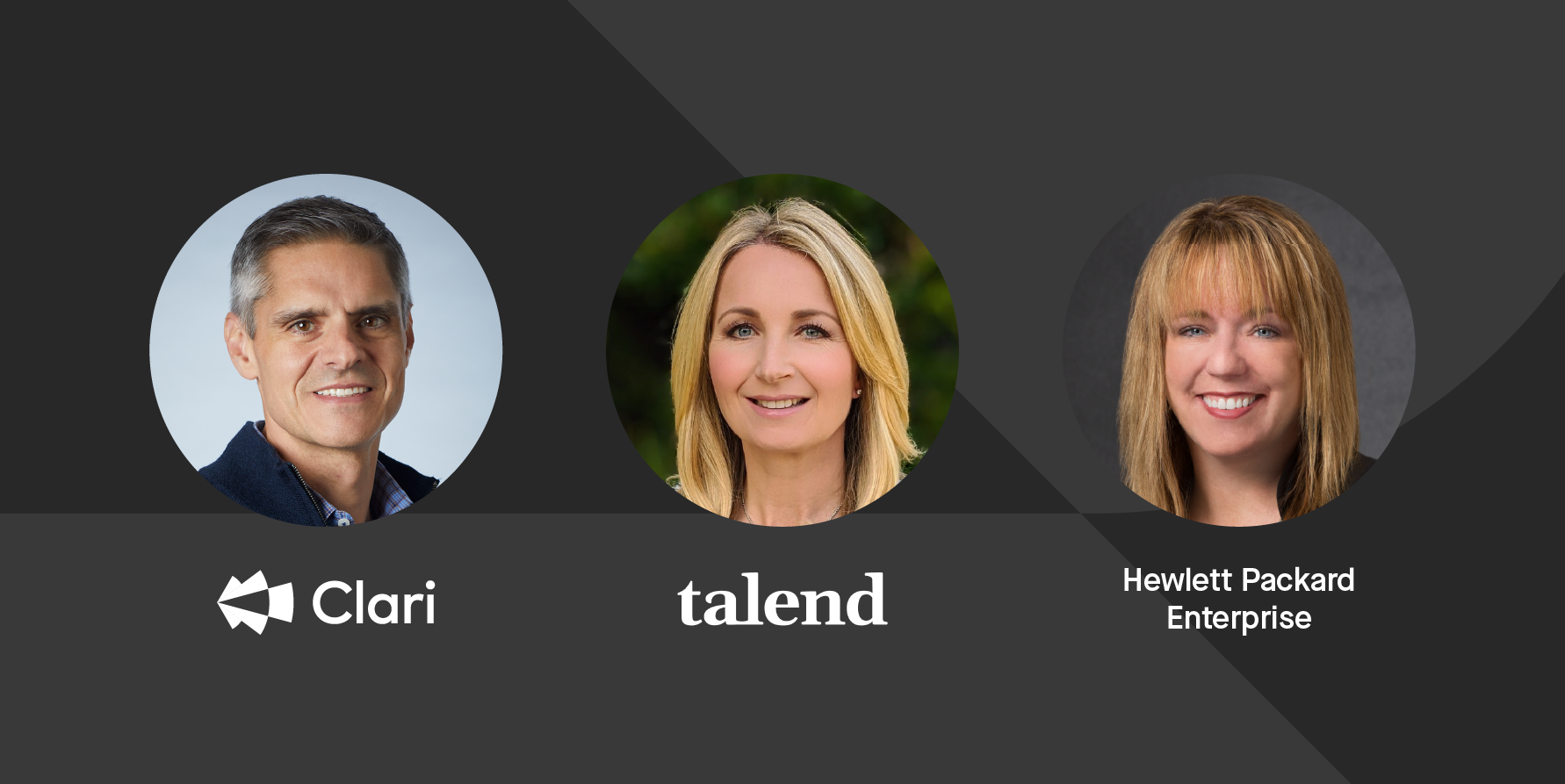 Headshots of Kevin Knieriem, CRO at Clari, Ann-Christel Graham, CRO at Talend, and Anne Bolton, Vice President of Sales Experience at Hewlett Packard Enterprise