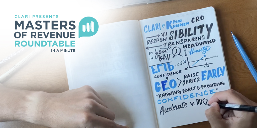 Banner promoting Masters of Revenue Roundtable In a Minute with a photograph of a notebook and two hands holding a pen