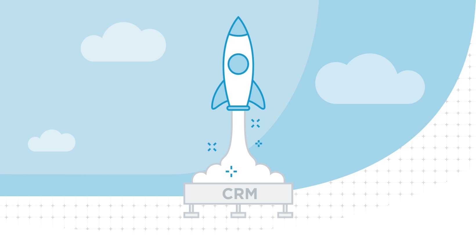 Graphic illustration of a rocket ship labelled CRM taking off
