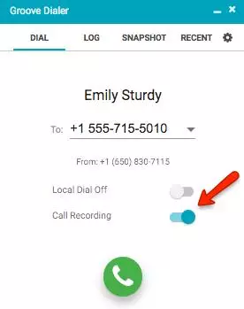 Screenshot of the Groove dialer with the call recording setting turned on