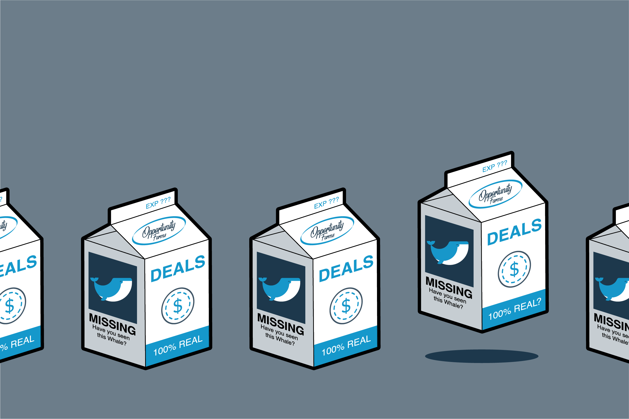 Illustration of sales opportunities as milk cartons featuring a whale and text saying Missing have you seen this Whale