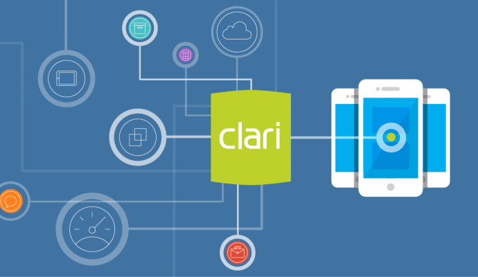 Graphic illustration of mobile devices with Clari logo in the middle