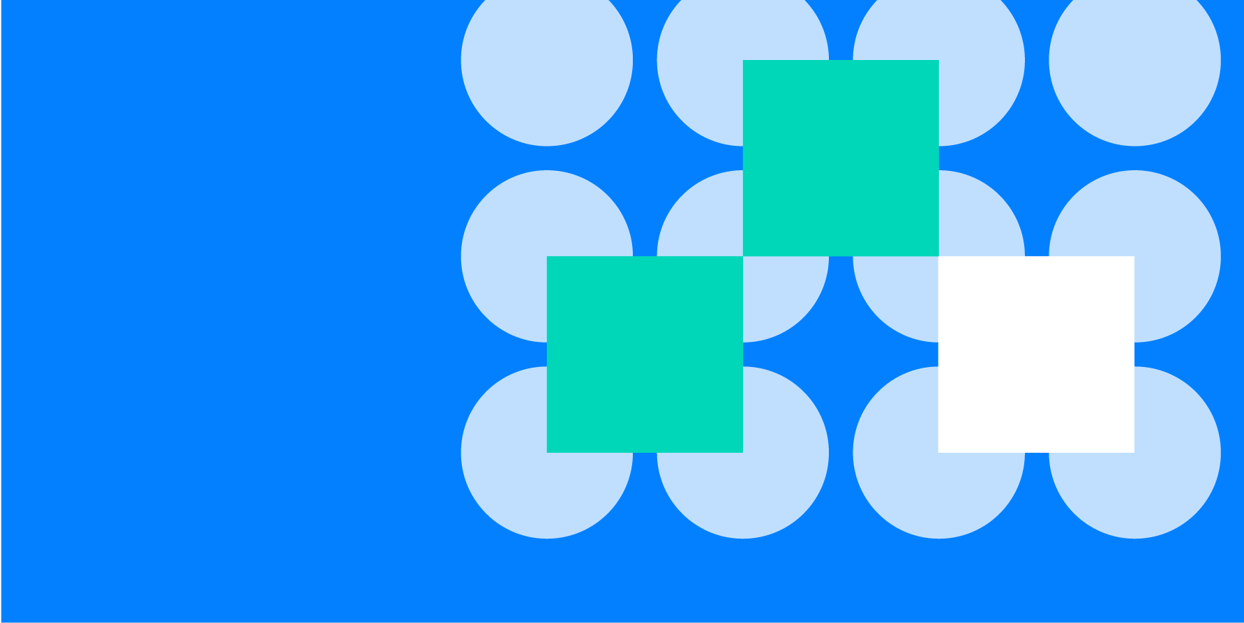 Illustration of two green squares and one white square overlapping a grid of light blue circles on a darker blue background