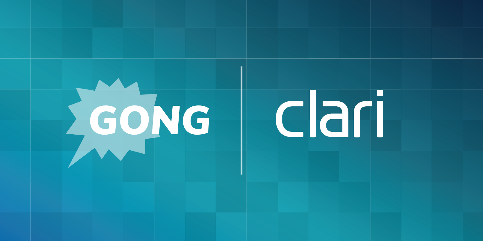 Gong and Clari logos side by side on a blue checkerboard background