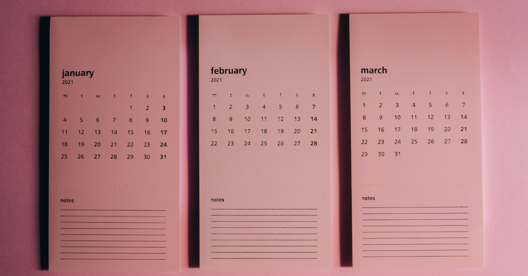 Three monthly calendars: January, February, and March for the year 2021