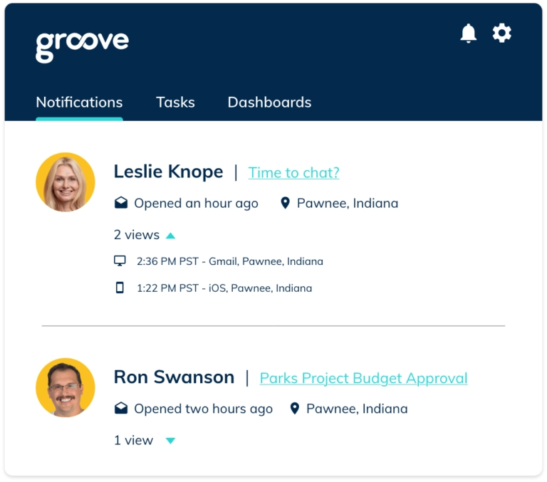 Screenshot of sales notifications in Groove product