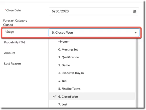 Screenshot of Opportunity stages in Salesforce