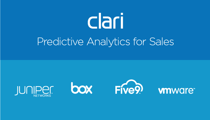 Banner image that says Predictive Analytics for Sales with Clari, Juniper Networks, Box, Five9, and VMware logos