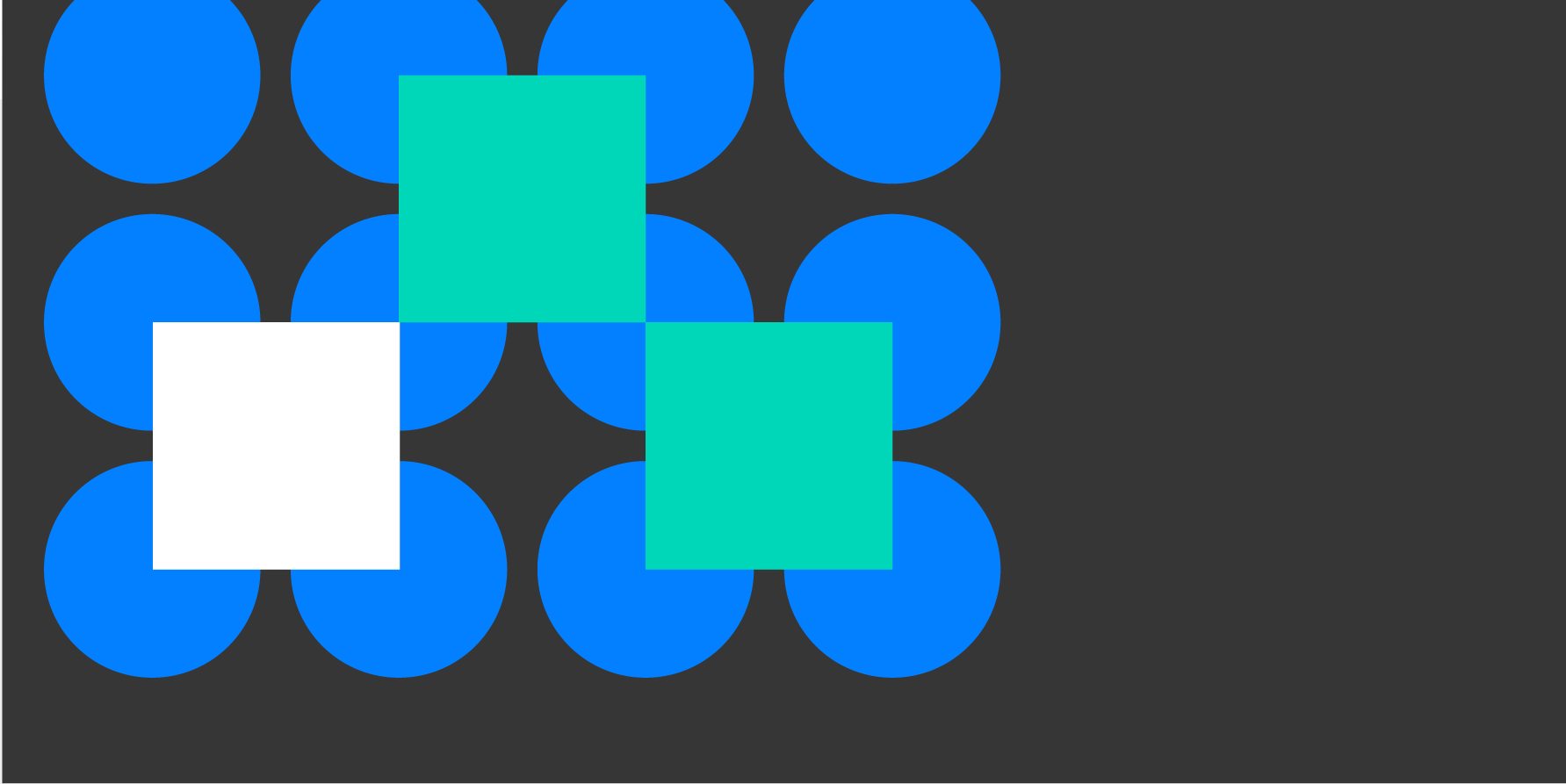 Three squares overlapping a grid of blue circles on a black background