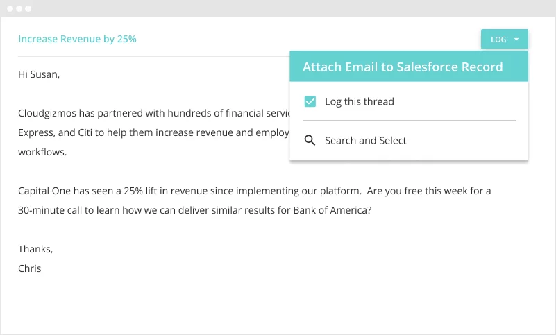 Screenshot of an email with an option to attach the email to a Salesforce record via Groove