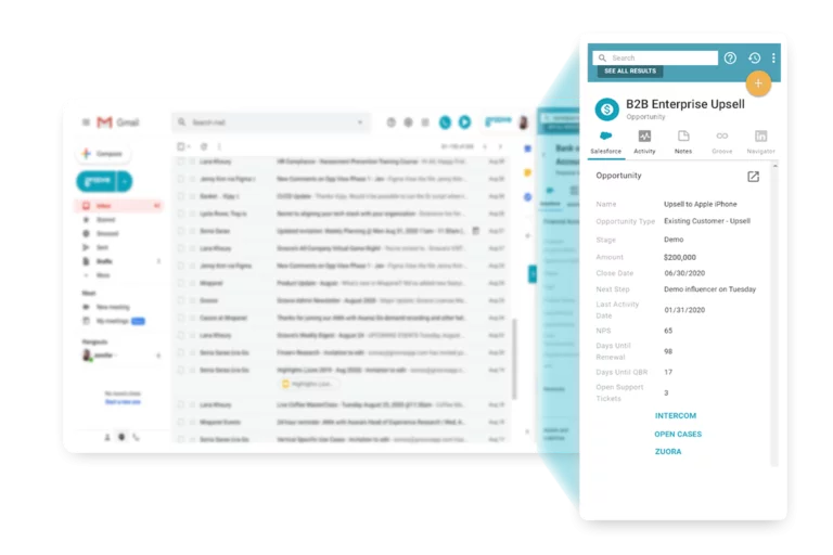 Screenshot of Groove product showing sales activity in email inbox