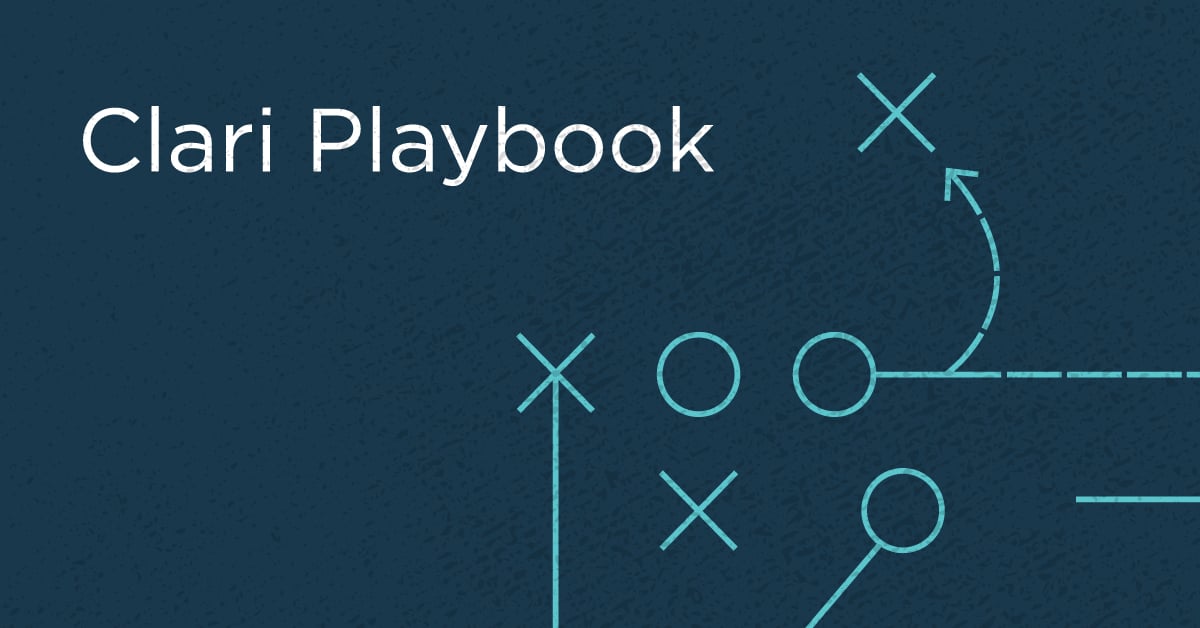 Banner that says Clari Playbook with a sports play diagram illustration on a dark blue background