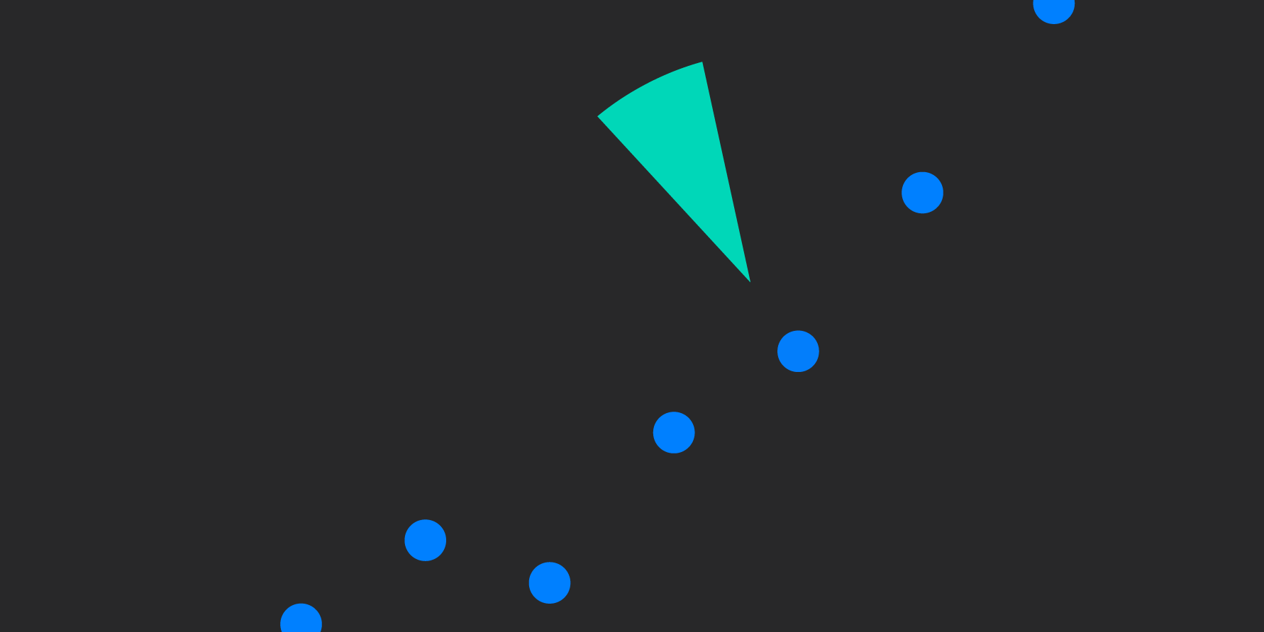 Illustration showing green triangle and blue dots trending upward on a black background