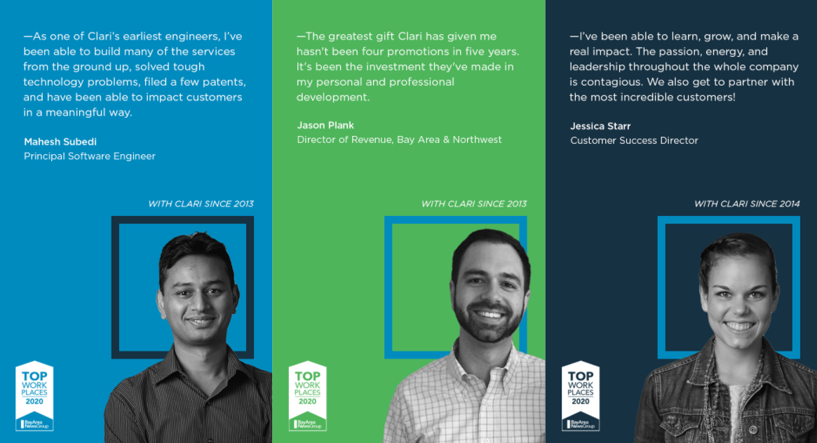 Image of 3 Clari employees: Mahesh Subedi, Principal Software Engineer; Jason Plank, Director of Revenue - Bay Area and Northwest; and Jessica Starr, Customer Success Director