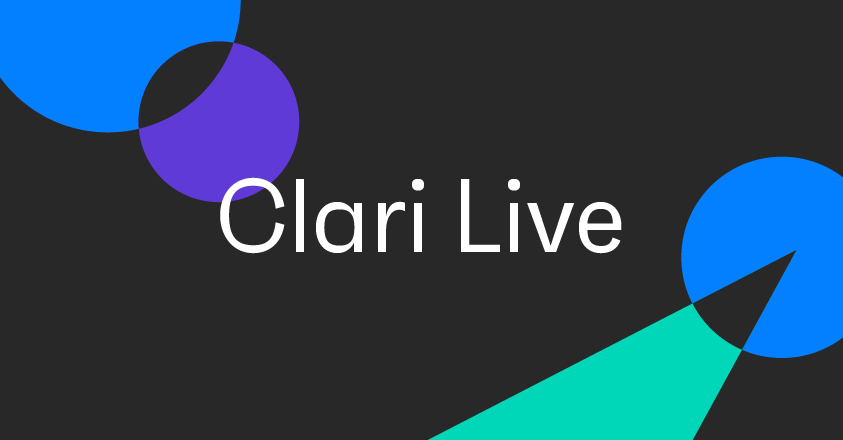 Banner image that says Clari Live over a background of overlapping shapes