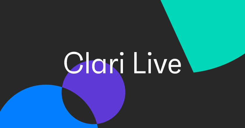 Banner image that says Clari Live over a background of overlapping shapes