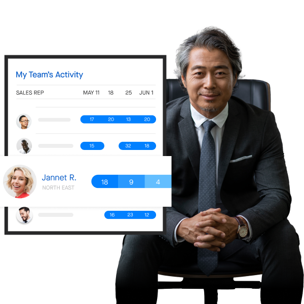 Screenshot of a Clari team activity report overlapping a photograph of a revenue leader in a suit