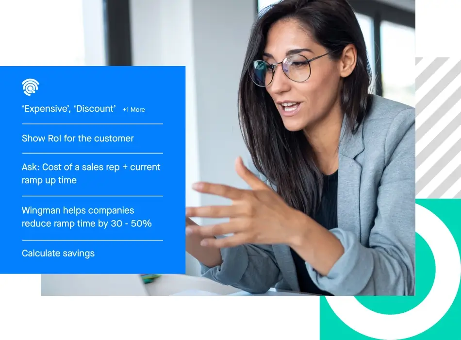 Screenshot of Clari Wingman conversation intelligence talking points overlapping a photograph of a seller on a sales call