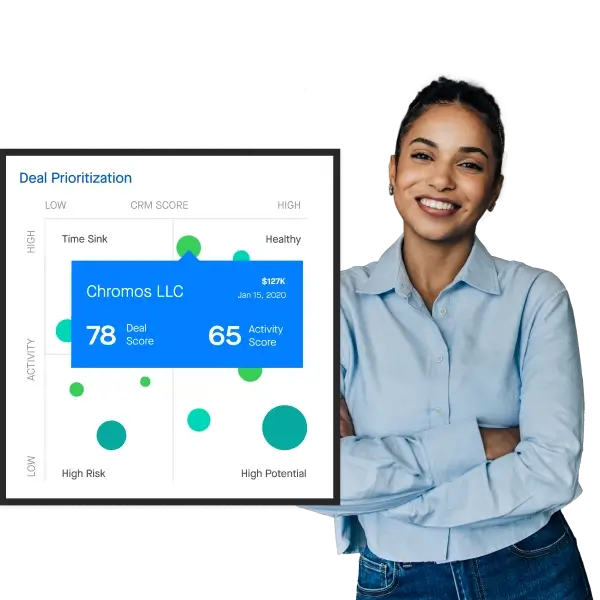 Photograph of a revenue leader in a collared shirt standing next to a screenshot of a Clari deal prioritization bubble chart